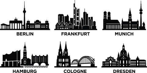 Naklejka premium 2026 German City Skylines Vector Bundle: Set of 6 Black Silhouette Cityscapes Including Berlin, Munich, and Frankfurt Isolated on White