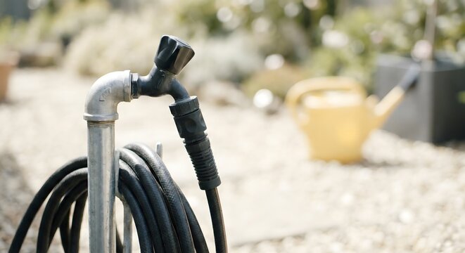 Modern silver metal garden standpipe with black plastic tap and hose in a bright outdoor backyard during a sunny day, professional landscaping maintenance with grey gravel and yellow watering can.
