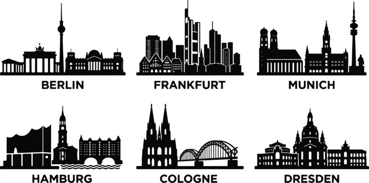 2026 German City Skylines Vector Bundle: Set of 6 Black Silhouette Cityscapes Including Berlin, Munich, and Frankfurt Isolated on White