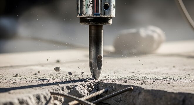 Close-up of a Jackhammer Breaking Concrete Surface.
