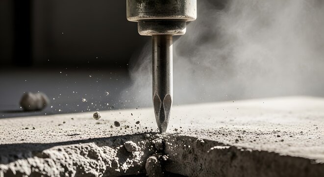 Close-up of a jackhammer breaking concrete with dust flying.