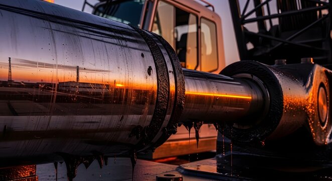 Close-up of a large industrial hydraulic cylinder at sunset.