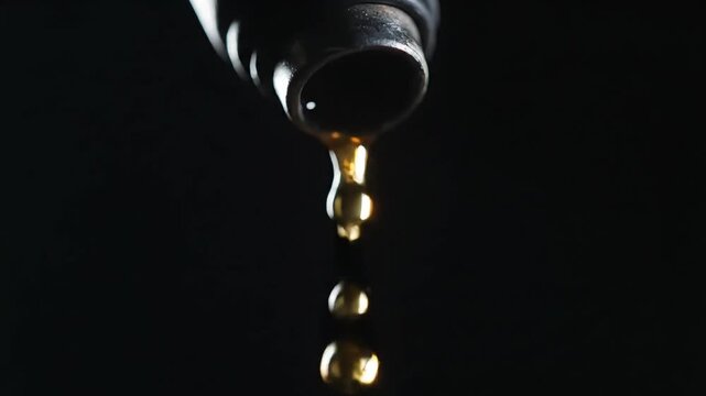 Close up of fuel nozzle dripping golden liquid drop in slow motion on black background