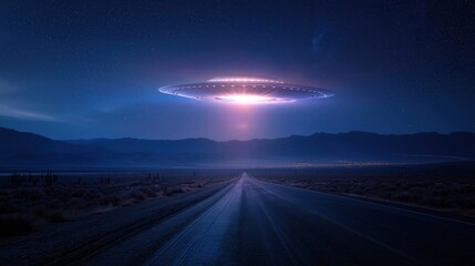 Fototapeta premium Mysterious UFO Hovering Over Desert Road