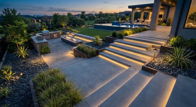 Modern backyard garden landscape design with concrete stairs and integrated LED lighting at dusk outdoors, featuring luxury architectural stone paths and ornamental plants in a residential yard.