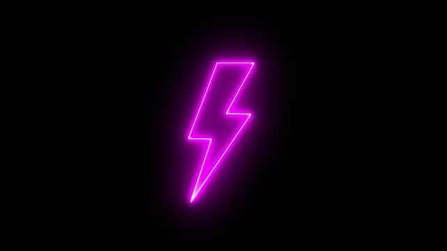 Glowing neon lightning bolt icon animation on black background, futuristic neon thunderbolt icon loop motion graphic.