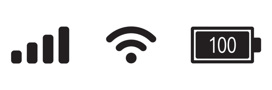 Phone status bar icons set, battery signal wifi icons, simple iOS notification bar symbols, vector illustration UI design