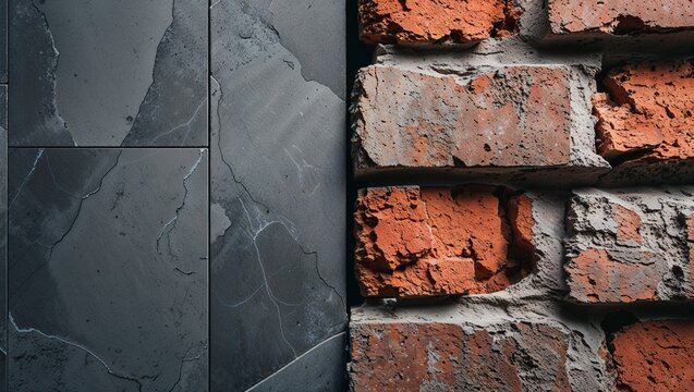 Split wall background with cracked concrete panels and weathered brick masonry, renovation and construction material contrast concept