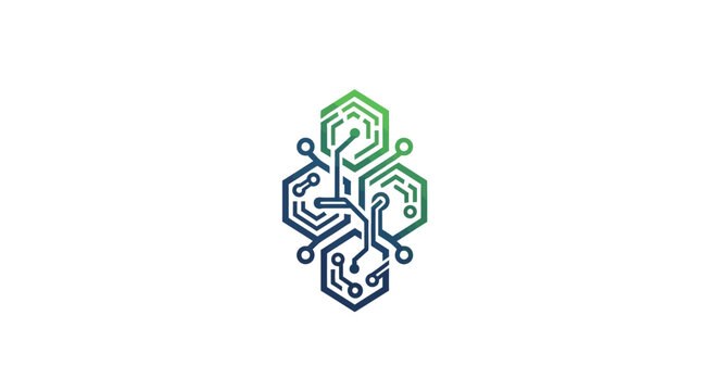 Abstract technology logo with interconnected circuit board hexagons