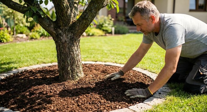 Middle-aged White man gardening outdoors during a sunny day, kneeling to spread mulch in a circular tree bed around a pear tree in a backyard, focusing on landscaping and yard maintenance.