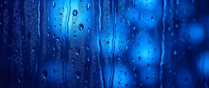 Abstract macro photography of fresh water droplets and condensation on a blue glass surface at night, featuring moisture streaks and a calm atmospheric mood for background concept.