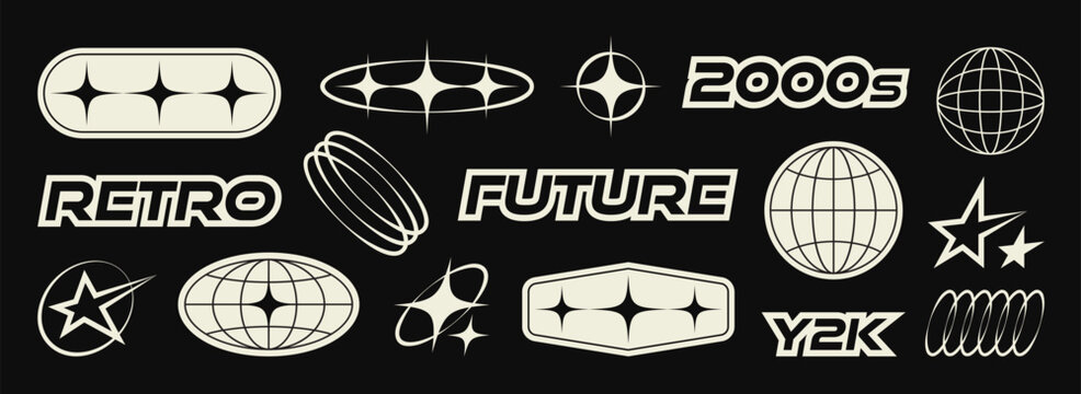 Collection of different retro futuristic design elements. Bright firework, decoration twinkle, shiny flash and globe grids with stars. Y2K elements collection. Vector graphic design