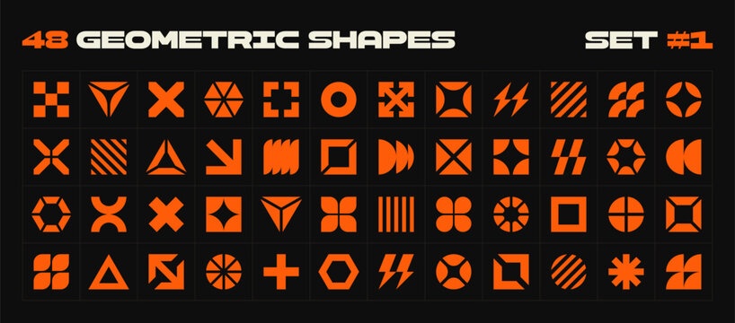 Collection of different abstract geometric elements. Brutalist style different shapes, symbols and logos placed in grid. Modern vector illustration 