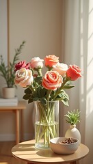 Obraz premium Realistic crochet flowers like roses and tulips arranged in a vase, soft light, minimal home decor aesthetic