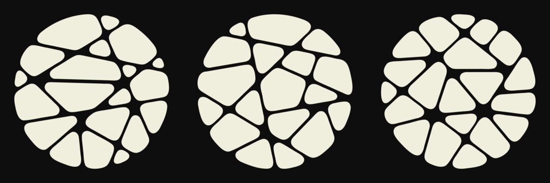 Collection of abstract geometric broken shapes forming circles. Monochrome Voronoi chaotic crack pattern.  Modern vector illustration 