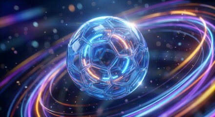 Obraz premium Futuristic translucent blue glass soccer ball with glowing hexagonal patterns on a high-energy abstract background of purple light trails and yellow energy waves for a digital sports concept.