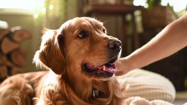 Beautiful, well-groomed dog resting, head on paws, looking up with content smile in sun-dappled home interior, creamy bokeh. Concept of unconditional pet love