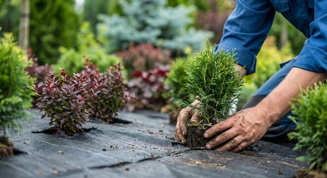 Professional adult male landscaper in green work pants planting small evergreen shrubs through black weed barrier fabric in an outdoor garden during the day, focus on hands and plants