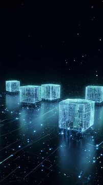 Reflective Floor With Circuit Patterns. Cubes Spin And Cast Mirror Images While Data Pulses Connect. Blockchain Practitioner Examines Modular Nodes Within Sleek Digital Environment