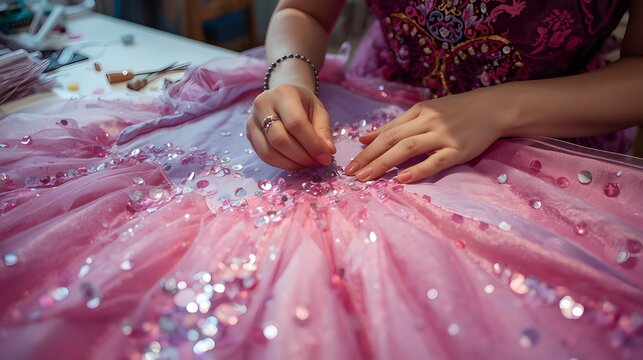 Close-up of Seamstress Hands Sewing Sparkling Sequins onto Pink Tulle Dress