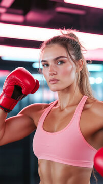 Fit woman shadowboxing in modern fitness studio for cardio workout inspiration