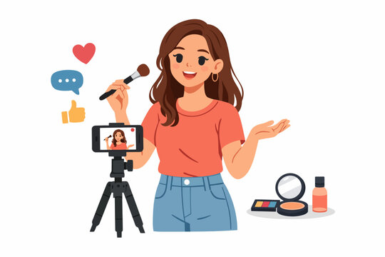 Young female asian blogger creating makeup tutorial with smartphone and cosmetics