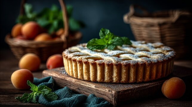 A flaky apricot galette, warm and inviting, lies on a rustic wooden table