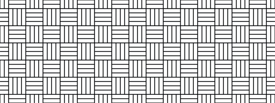 Seamless Basket Weave Geometric Pattern, Black and White Minimalist Vector Texture with Interlocking Square Grid and Linear Parquet Style Design