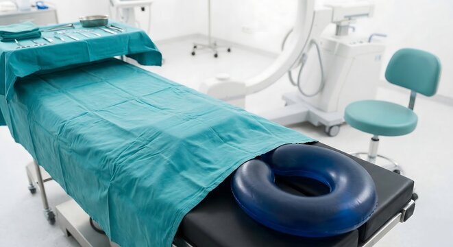 Modern Sterile Operating Room with C-arm X-ray Machine and Surgical Table covered in Teal Drape for Medical Procedures in a Hospital Radiology Department