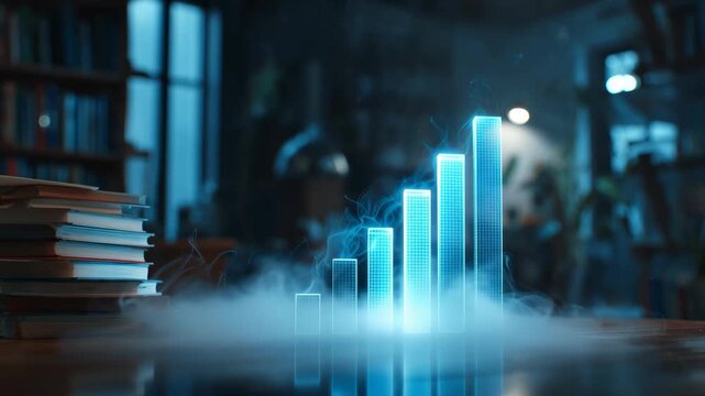 In a warm, inviting study, glowing blue holographic bars showcase impressive growth. Books surround the space, creating an atmosphere filled with knowledge and creativity.