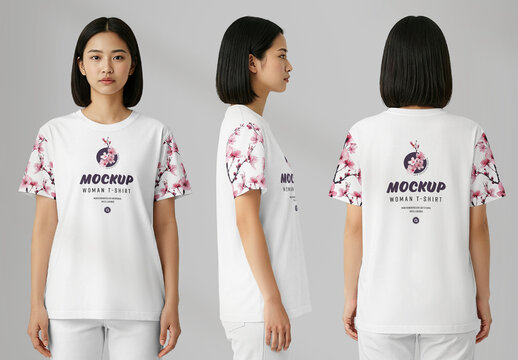 Woman T-Shirt Mockup Set &ndash; Front, Side, and Back Views