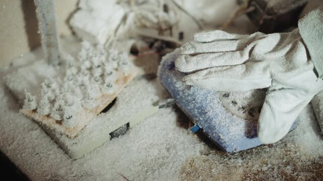 Frosted rotary phone on cluttered desk, gloved switchboard operator hesitates over dial amid ash and dust, vintage handset and corroded connectors, muted cold lighting, grainy film texture, abandoned