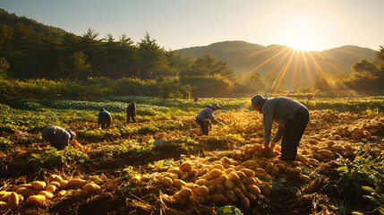 Farmers harvesting pumpkins with focused mood working in field at sunset rural landscape