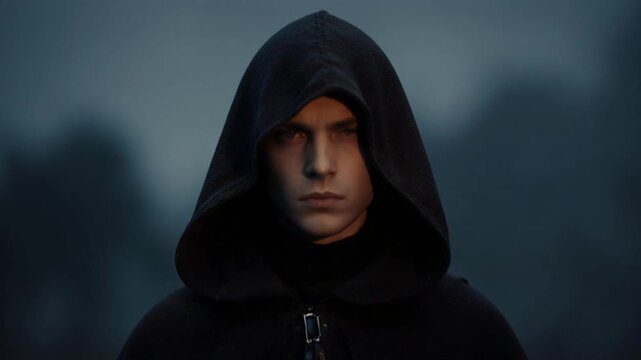 Person in hooded cloak looks at camera against moody background