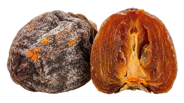 Dried fruit with outer rough texture and inner smooth vibrant orange flesh displayed on a solid white background and no background
