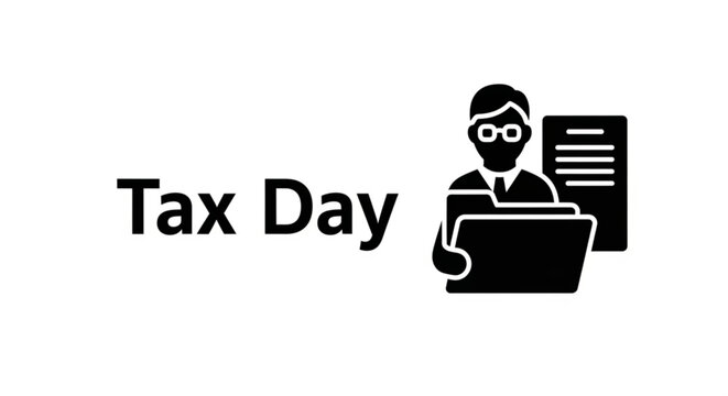 A minimalist vector graphic illustration of a man working on tax day with a laptop and documents.