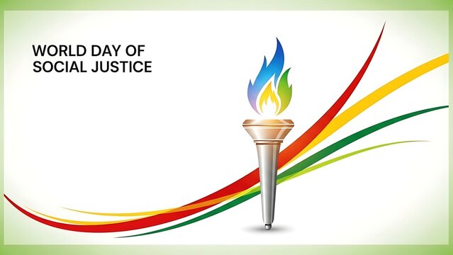 World day of social justice poster with a torch and colorful flames