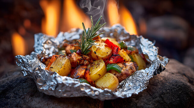 Grilled chicken with roasted potatoes and herbs in foil on campfire with rustic outdoor background