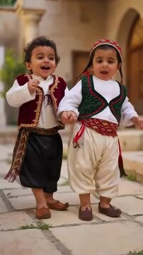 Toddlers dancing Khaliji style in traditional outfits with gold embroidery in a lively atmosphere