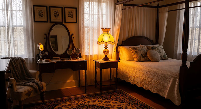 Cozy vintage bedroom with antique four-poster bed and vanity table at dawn