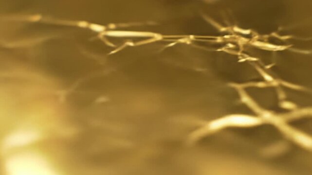 Extreme macro video of opulent, shimmering, subtly creased rich gold foil with dynamic light reflections, slow dolly push-in and gentle tracking. Concept of luxury and elegance