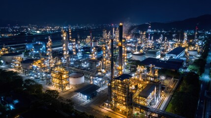 Fototapeta premium Nighttime aerial panorama of an oil and gas processing facility with distillation towers and storage tanks
