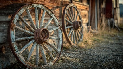 Obraz premium Old cart wheels outdoors with weathered wood and patina in warm sunlight