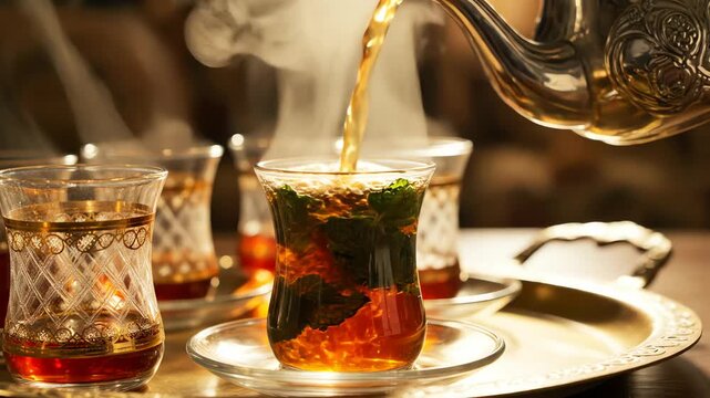 Steaming tea is poured into glasses on a tray with mint leaves and served in a cozy setting.