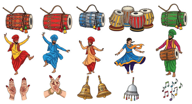Baisakhi, Vibrant Indian Punjabi Folk Dance and Music Elements Vector Set with Dancers, Instruments, and Hand Gestures