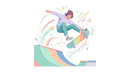 Obraz premium Skateboarder performing aerial trick on ramp with colorful design.