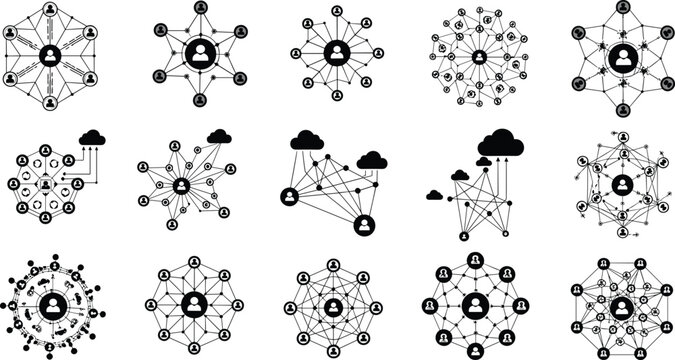Abstract network connection nodes set with geometric structures, data visualization elements, digital technology concepts, futuristic black line vector illustration collection