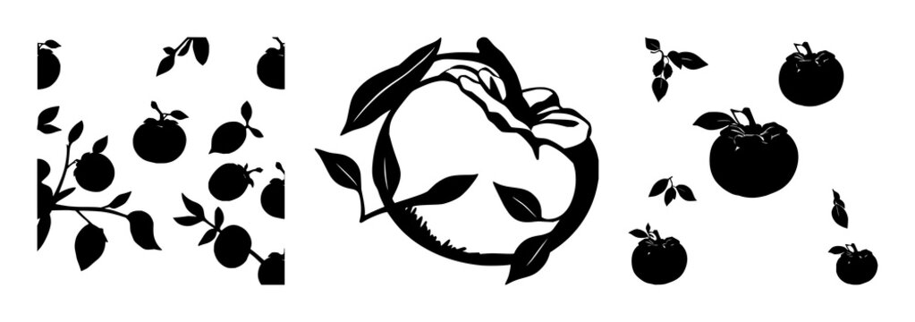 Solid black silhouette of a whole persimmon fruit with a small stem, seasonal botanical theme, bold solid fill, white background. set with simple line art design featuring sketches, drawings, vecto...