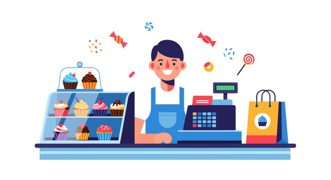 Smiling male shopkeeper at candy and cupcake store counter.