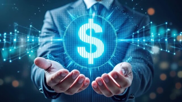 Wealth in Hands: A person, elegantly attired in a suit, tenderly cradles a glowing dollar sign. The imagery conveys the essence of financial success and economic opportunity.